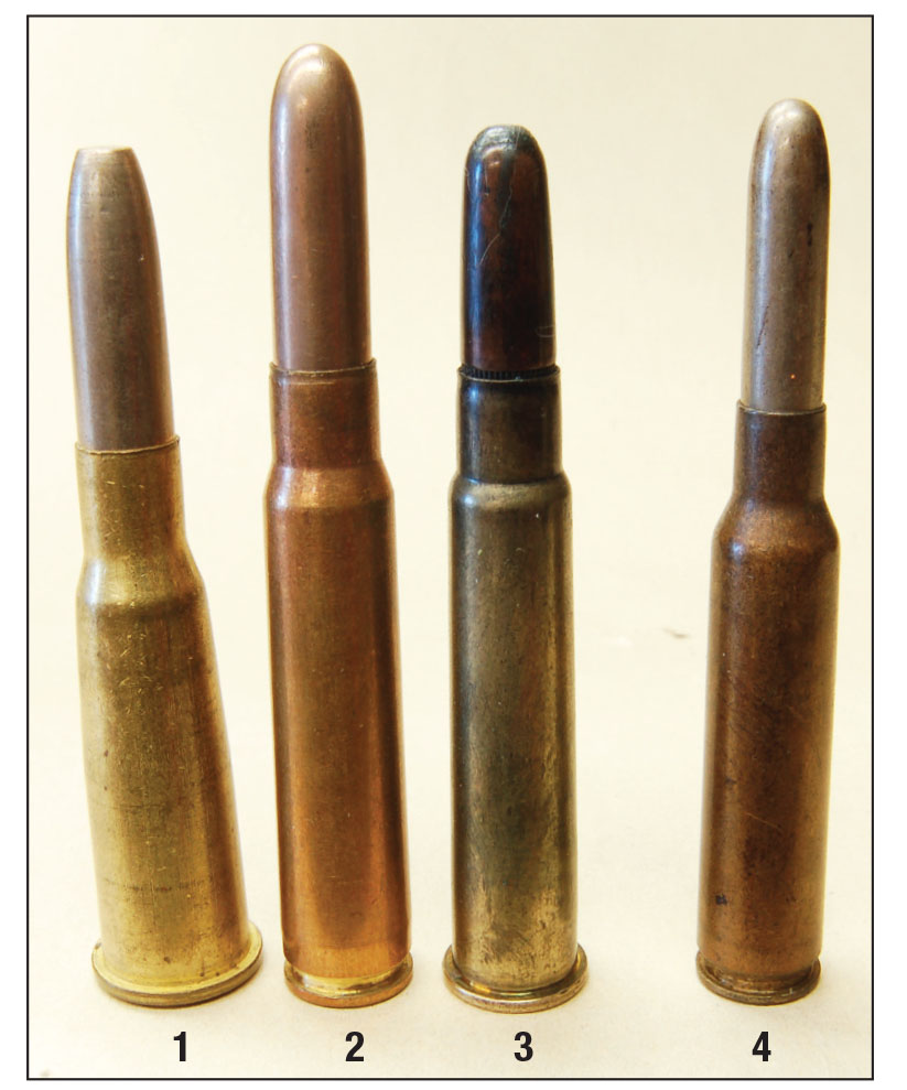 These are the first smokeless military rounds: (1) 8mm Lebel, (2) 7.92x57mm Mauser, (3) .303 British and (4) 6.5x54mm M-S for comparison.